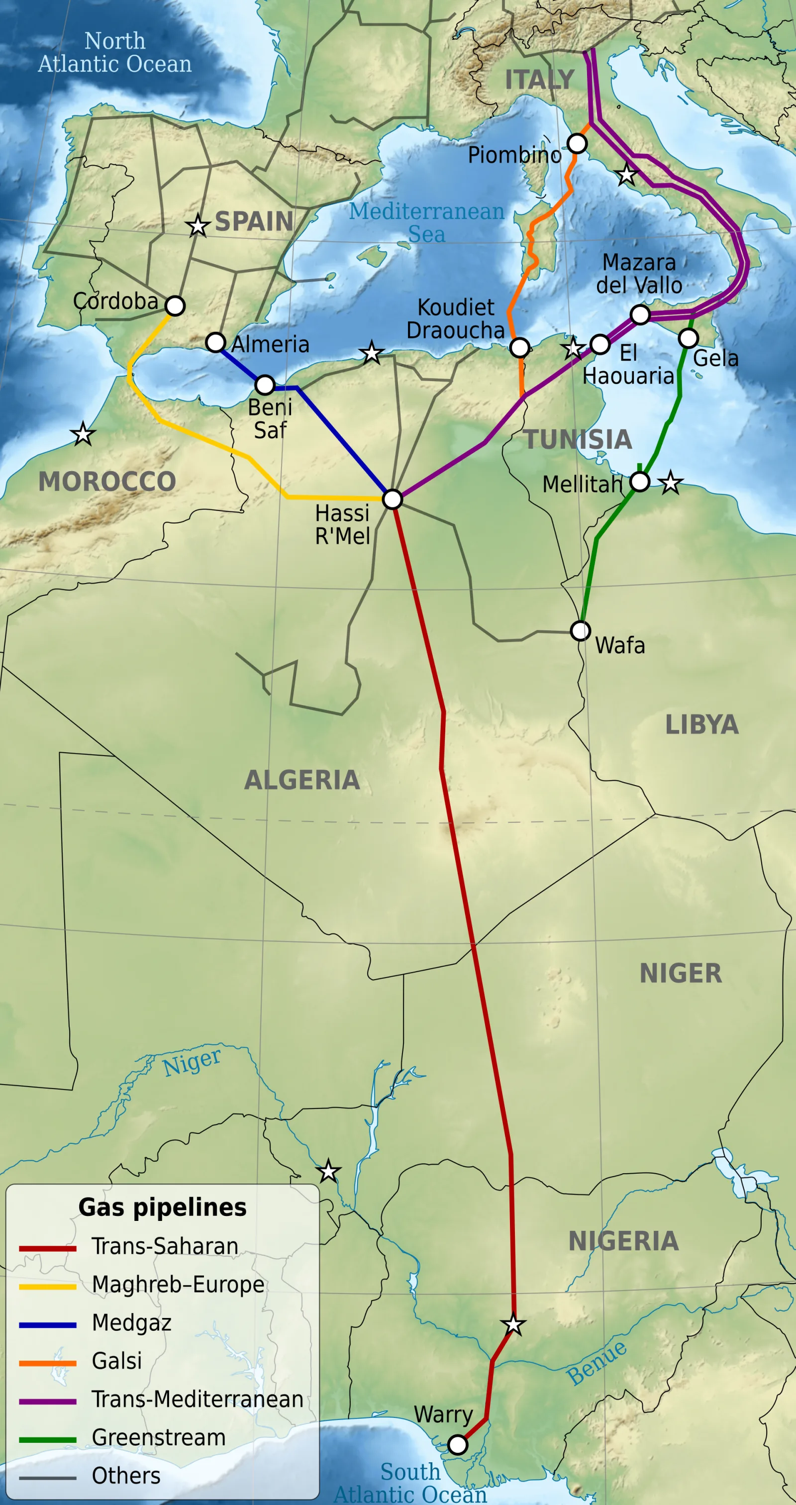 Carte des grands axes gaziers entre Sahara et Mediterranee