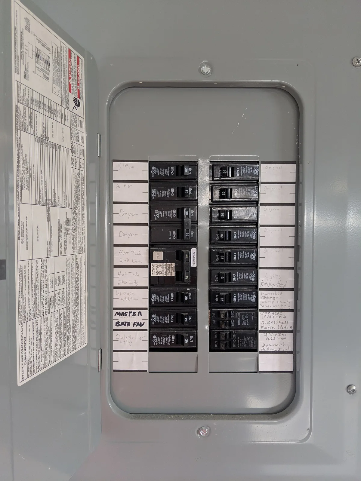 Tableau électrique ouvert avec câblage et disjoncteurs
