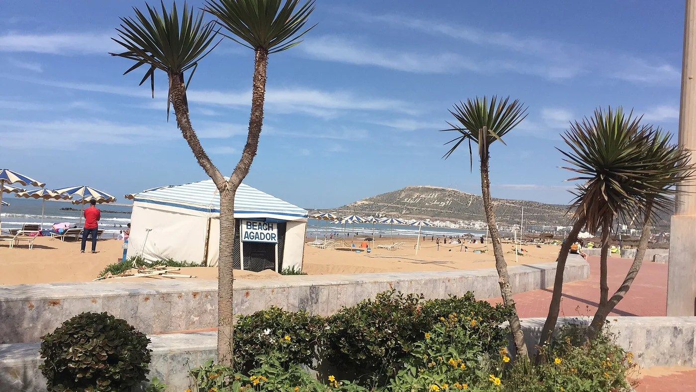 Agadir beach with the mountain behind it